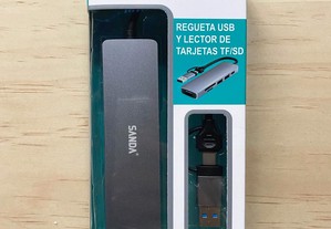 Adaptador / HUB USB-C e USB com leitor de cartão TF e SD + 3 portas USB + 1 porta USB-C