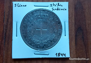 Moeda 5 Liras 1844 Itália, Sardenha