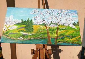 Quadro pintado a mão de paisagem campestre vend troc