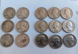 15 moedas de quarter dólar, prata e níquel