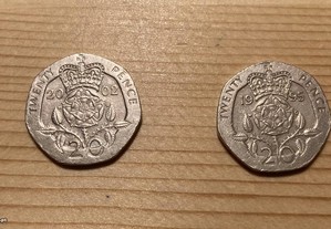 Duas Moedas Twenty Pence Elizabeth II, Ano de 1995 e Ano de 2002