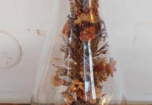 Lanterna de Candeeiro em Vidro, Antiga, com suporte madeira e arranjo Floral