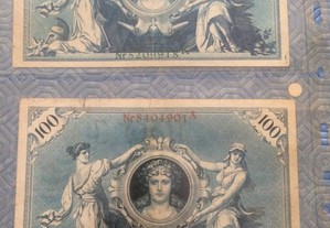 ALEMANHA Reichsbanknote 2 Notas de100 Mark RARAS de 1908 em ótimo estado, MBC