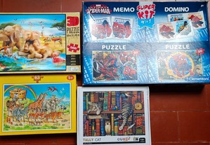 4 puzzles para crianças com animais e homem aranha, um deles ainda selado