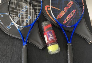 Raquetes ténis Head 64 agassi e outra radical,com capas e bolas.