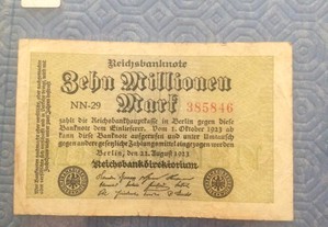 ALEMANHA Reichsbanknote 2 Notas de ZEHN MILLIONEN Mark Raras de 22 August 1923 em MBC
