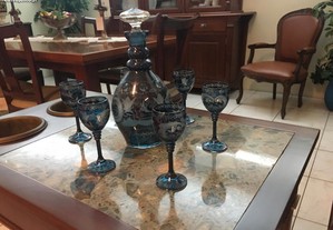Decoração - Licoreira com 6 copos em cristal doublé - NOVO - PRENDA DE NATAL