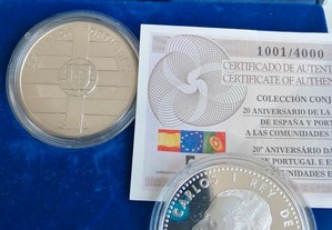 2 moedas prata prof, do 20 aniversário da adesão de Portugal e Espanha