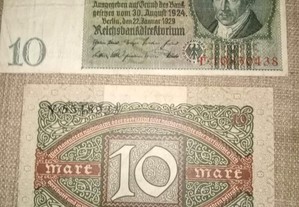 ALEMANHA Reichsbanknote 2 Notas 10 Mark RARAS 6 Fevereiro de 1920 e 22 Janeiro de 1929 MBC