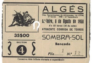 Bilhete Tourada - Algés - 8 de Agosto de 1958