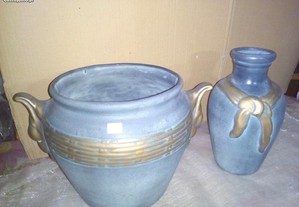 conjunto pote e jarra verde esbatido c/dourado