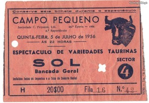 Bilhete Tourada - Campo Pequeno - 5 de Julho de 1956