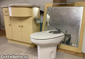 Conjunto de Casa de Banho Completo Móvel com Lavatório, Espelho, Bidé e Sanita