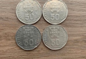4 moedas 50 escudos - 1 de 1986, 1 de 1987 e 2 de 1988