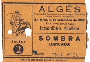 Bilhete Tourada - Algés - 13 de Setembro de 1957