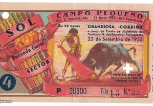Bilhete Tourada - Campo Pequeno - 22 de Setembro de 1955