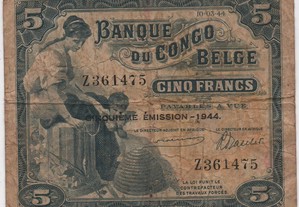 Congo Belga - Nota de 5 Francs 1944 - mbc
