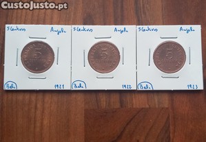 3 Moedas 5 Centavos Angola 1921, 22 e 23