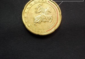 Moeda de 20 cêntimos Mónaco 2002 com defeito de cu