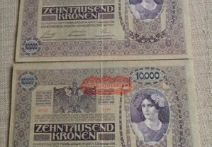 AUSTRIA c/ Recarga DEUTSHÖSTERREICH 2 Notas d10000 Kronen seguidas 57201 e 57202 de 1918 BC