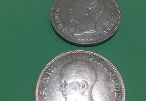 2 moedas antigas de 5 pesetas Espanolas em prata