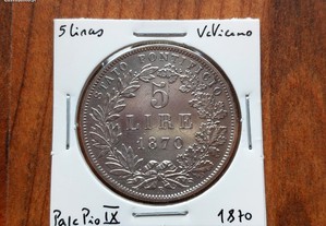 Moeda 5 Liras 1870 Vaticano