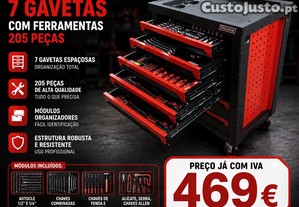 Carrinho Profissional 7 Gavetas com Ferramentas TOOLHUB 205 Peças