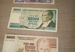 TURQUIA 9 Notas 4 Não Circuladas de1970, 10 mil, 20 mil, 500 mil e 1 milhão de Liras Turkas e 5 MBC