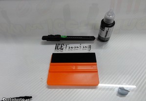 Kit de instalação / aplicação de peliculas para faróis, Espátula, X-ato, liquido (solução de limpeza)