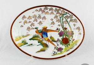 Travessa porcelana da China, decoração faisões e flores, Circa 1970, 35,8 x 26,2 cm