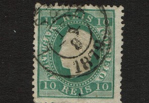 Selo Portugal 1879/80-Af. 49b (Verde Azul ), Raro, Usado, Papel Liso denteado 12 1/2