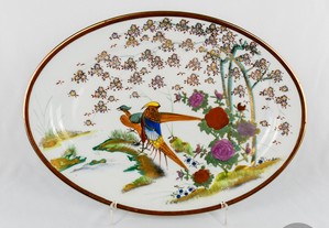 Travessa porcelana da China, decoração faisões e flores, Circa 1970, 41,5 x 30 cm