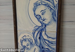 Quadro com painel de 2 azulejos antigos pintados á mão