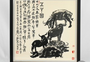 Quadro Vintage de reprodução de aguarela Chinesa   Five Buffaloes