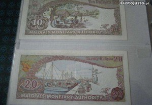 MALDIVAS, 2 Notas NOVAS - NÃO Circuladas, de 10 e 20 RUFIYAA de 1983 conforme as fotos