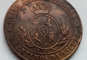 Moeda cinco cêntimos escudo 1867 Isabel II Spain