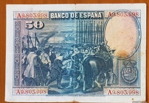 Nota antiga 50 Cincuenta Pesetas 1928 España