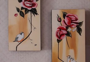 2 Quadros decorativos com pássaros e flores, como novos