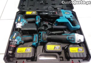 Conjunto de 4 ferramentas: 4 baterias,2 carregadores, 1. APARAFUSADORA, chave de impacto 2 em 1 +REBARBADORA E martelo eltrico.