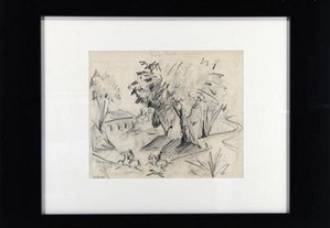 Manuel Reys Santos - original desenho a lápis carvão s papel, assinado, "paisagem romântica".