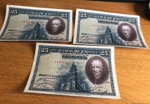 3 Notas antigas de 25 pesetas de 1928