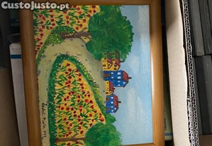 quadro pequeno com casa e jardim com flores