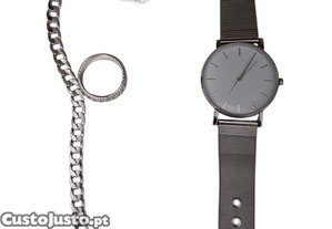 Relgio + Pulseira + Anel + Corrente Prateado NOVO