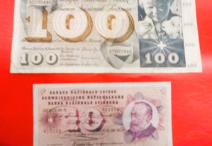 2 Notas Suíças uma de 100 Francos de 1972
