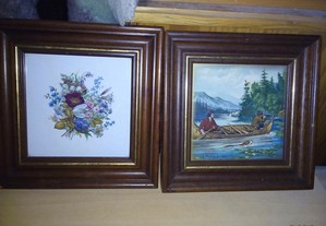 2 quadros azulejo c/flores e paisagem