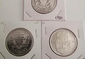 3 moedas de prata de 10 escudos caravelas