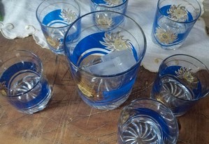 Serviço copos whisky e balde gelo em cristal, pintados à mão - anos 50 - Nunca usados