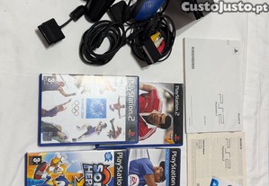 PlayStation 2 Slim + 3 comandos + jogos