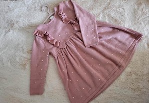 Vestido Malha Algodão Marca H&M - 2 anos - Cor-de-rosa e folhos