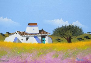 Pedro Büisel Original Pintura a Óleo s/ tela Além-Tejo...Casa Roxa 35 x 27 cm